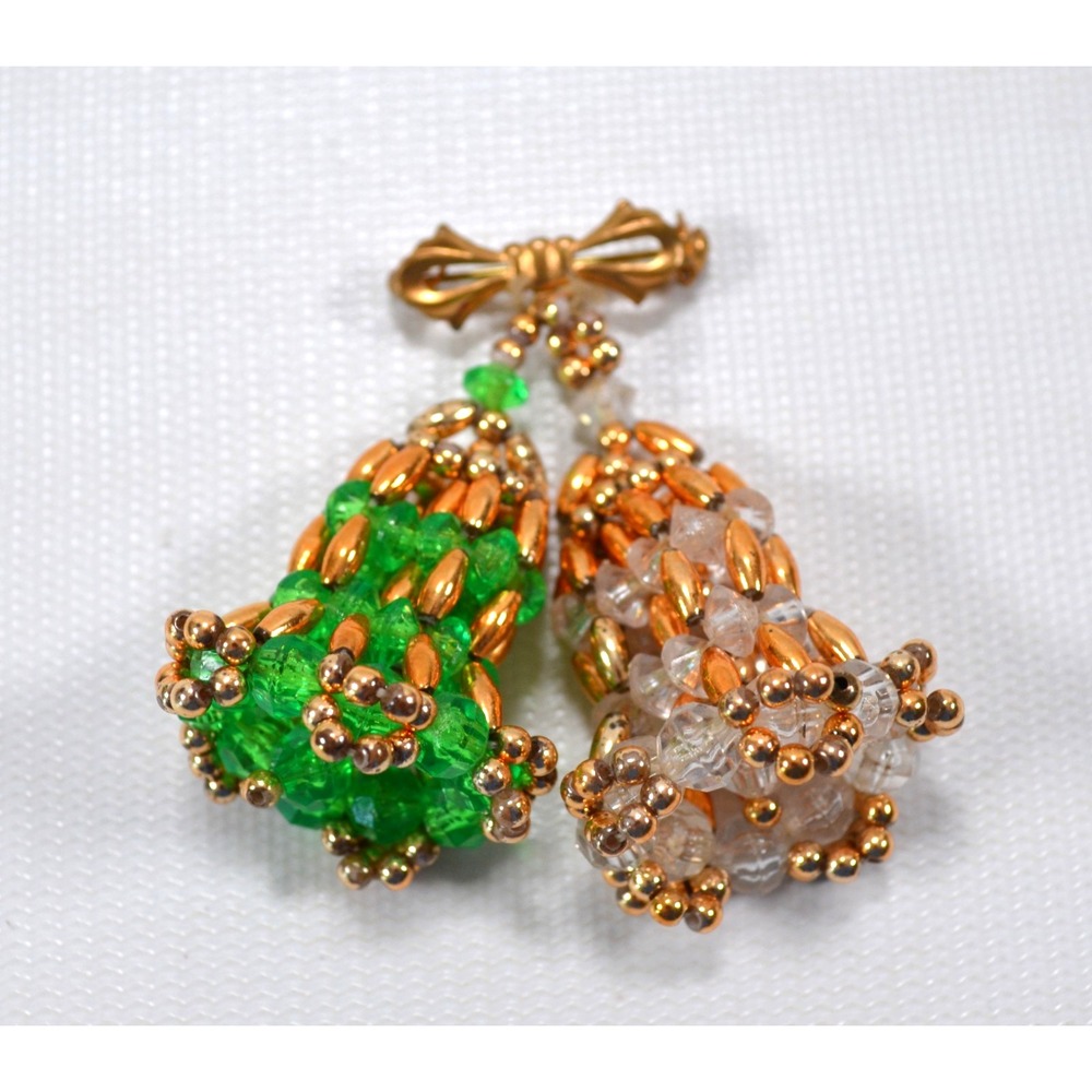 Vintage Brooch Pin Green and Clear Faceted Beaded‎ Double Bells